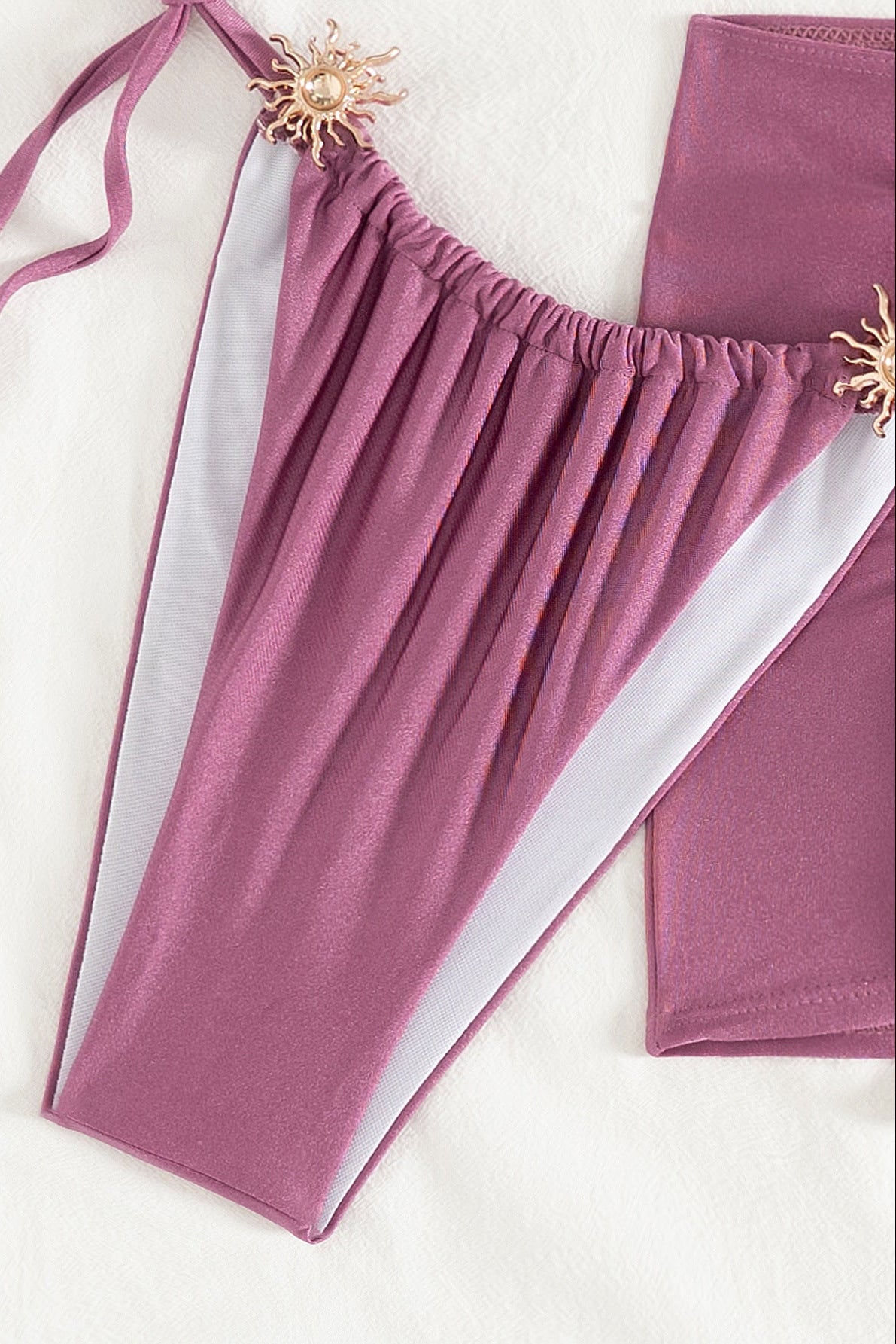 Purple Gold Sun Decor Halter Bandeau Cheeky Mesh Cover-Up 3Pc Swimsuit Set