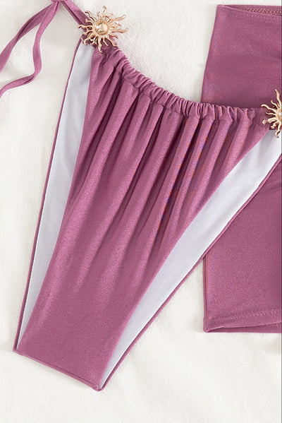 Purple Gold Sun Decor Halter Bandeau Cheeky Mesh Cover-Up 3Pc Swimsuit Set