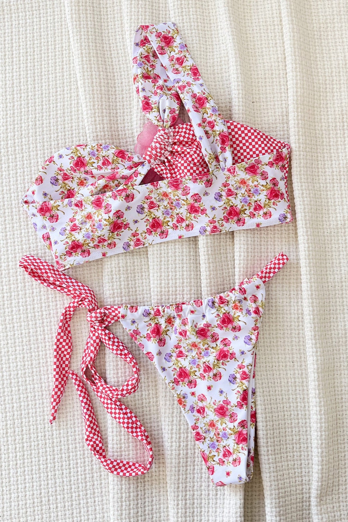 Pink One Shoulder Floral 3D Rosette Cheeky Sexy 2Pc Swimsuit Set