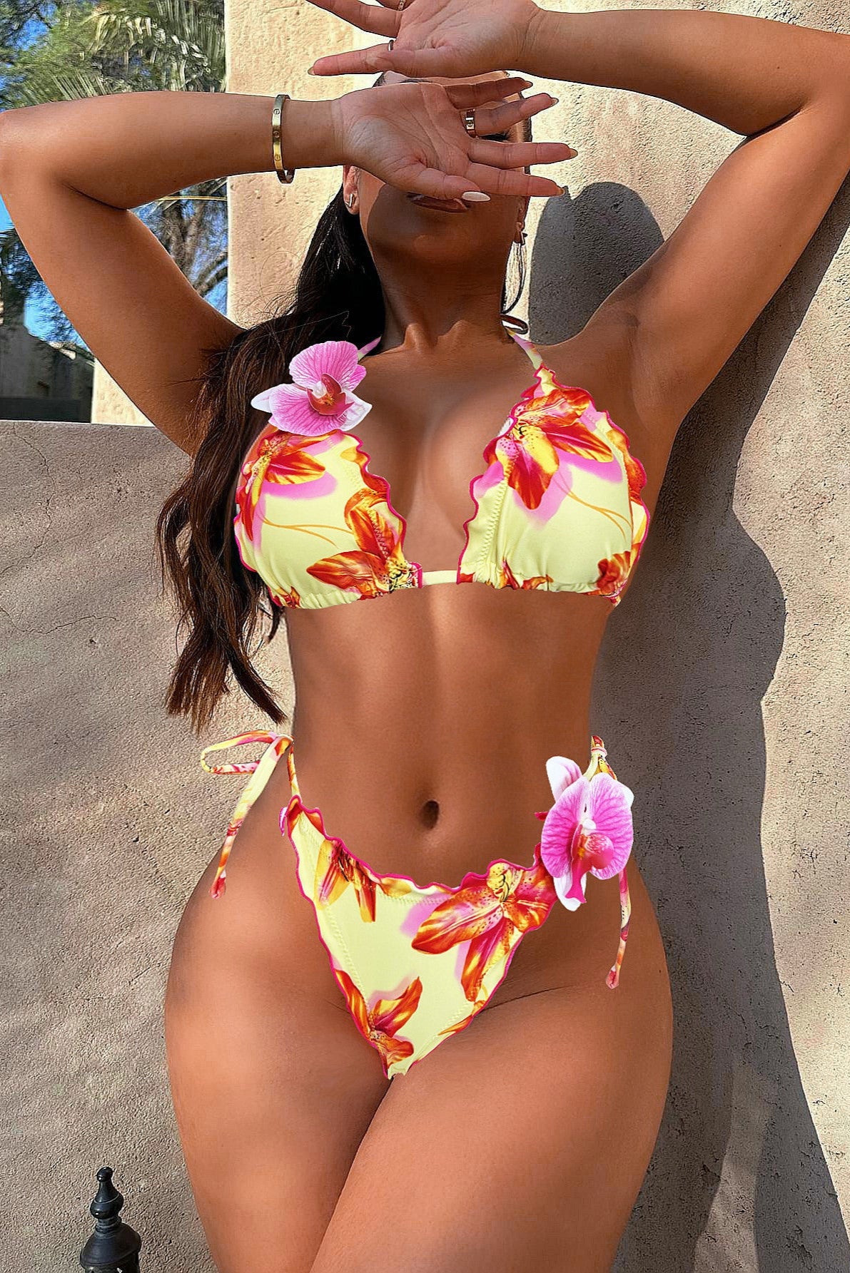 Yellow Floral Print Pink Tropical Flower Sexy 2Pc Swimsuit Set Bikini
