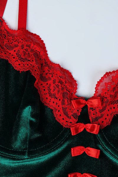 Green Velvet Red Lace Bows Bra Boy Shorts Garters Sexy 2Pc Holiday Lingerie Elf Costume