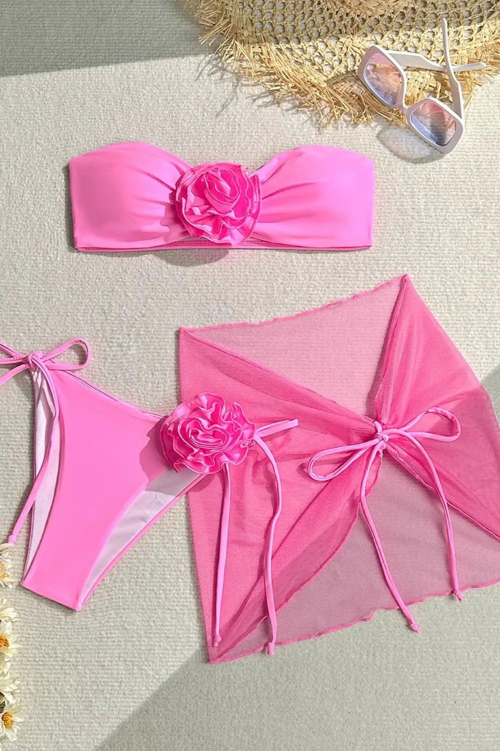 Pink 3D Flower Rosette Bandeau Cheeky Mesh Cover-Up Sexy 3Pc Swimsuit Set