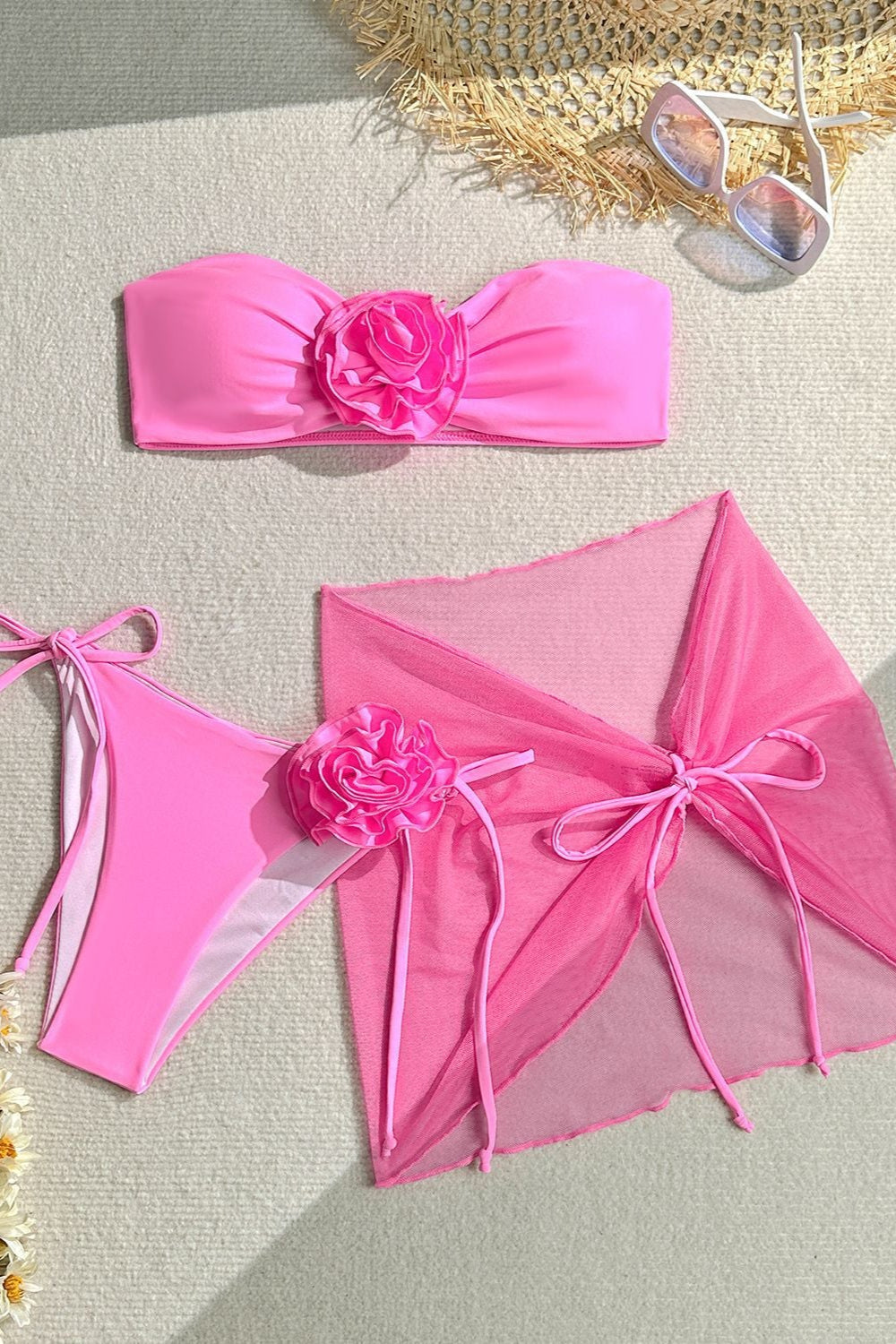 Pink 3D Flower Rosette Bandeau Cheeky Mesh Cover-Up Sexy 3Pc Swimsuit Set