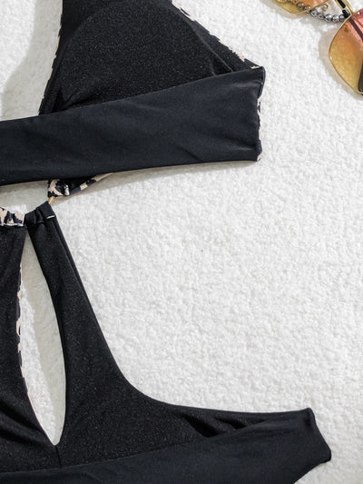 Leopard Print Black O-Ring Cut-Out Sexy 1Pc Swimsuit Monokini