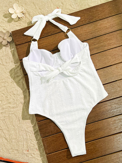 White Textured Halter Push-Up Tie Back Monokini Sexy 1Pc Swimsuit