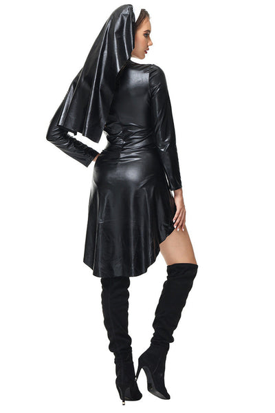 Black White Faux Leather Sexy 3Pc Nun Costume