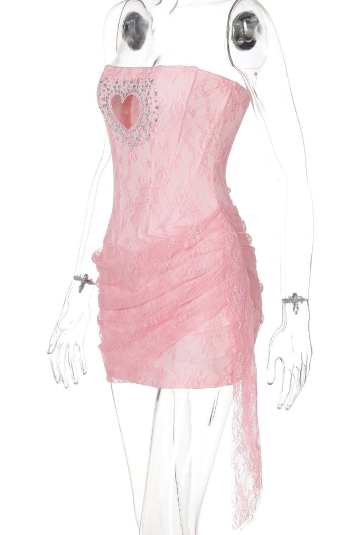 Pink Lace Rhinestone Heart Boned Dress Sexy Sabrina Pop Singer Costume