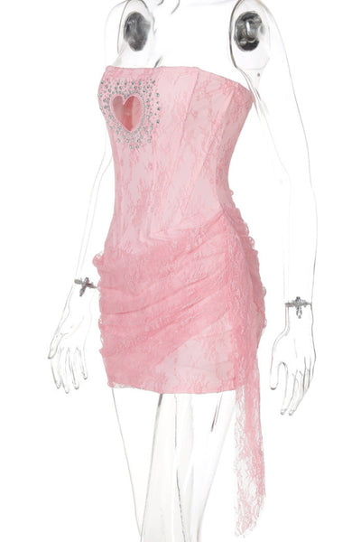 Pink Lace Rhinestone Heart Boned Dress Sexy Sabrina Pop Singer Costume