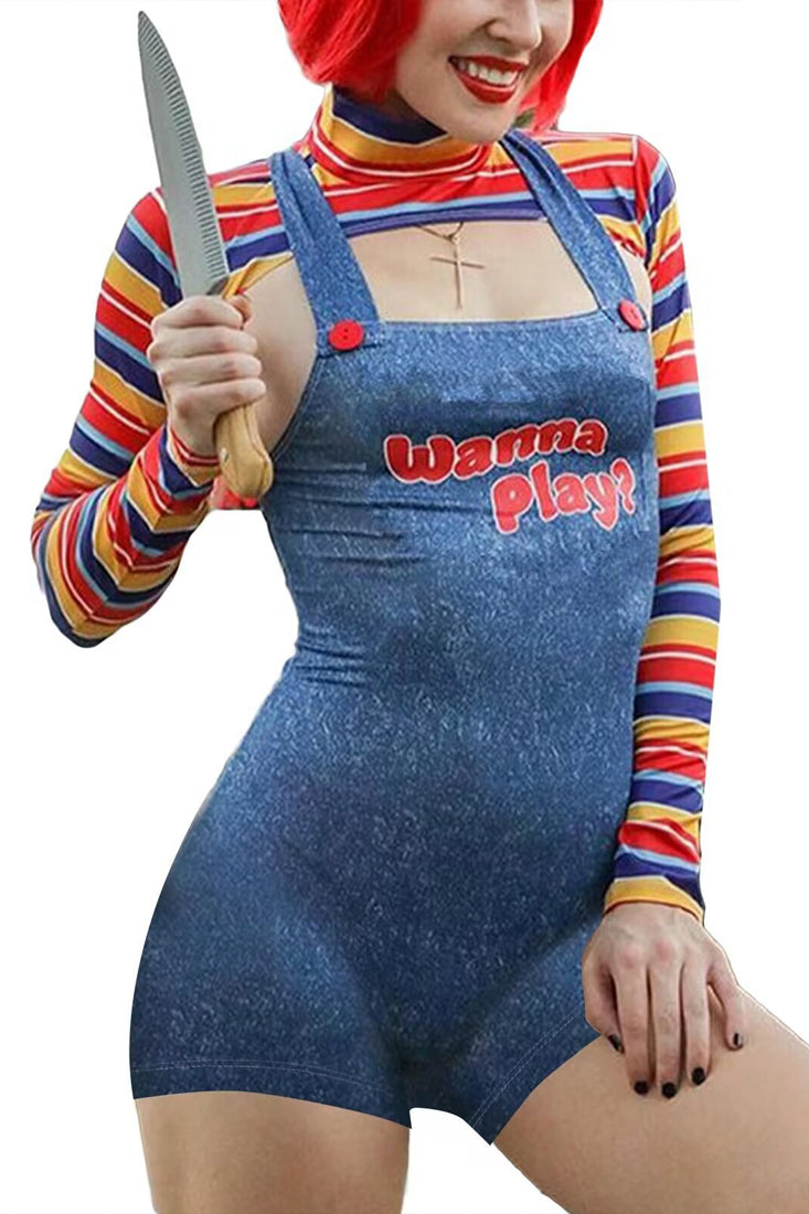 Multi Stripe Blue Overall Shorts 2 Pc Scary Doll Sexy Costume