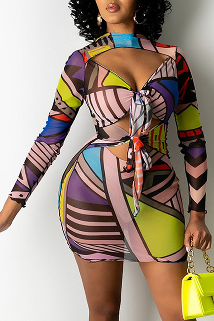 Purple Multi Print Tied Knots Sheer Mesh Sexy Fitted Dress