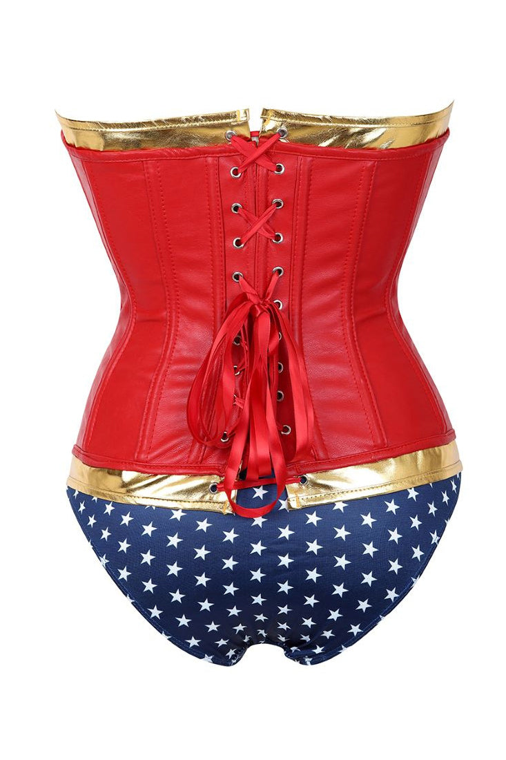 Red Blue Gold Lace-Up Corset Shorts Sexy 2Pc Wonder Woman Costume