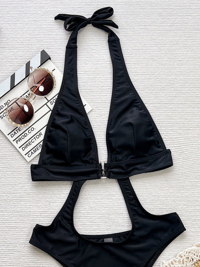 Black Halter U-Wire Cut-Out Sexy Monokini One Piece Swimsuit