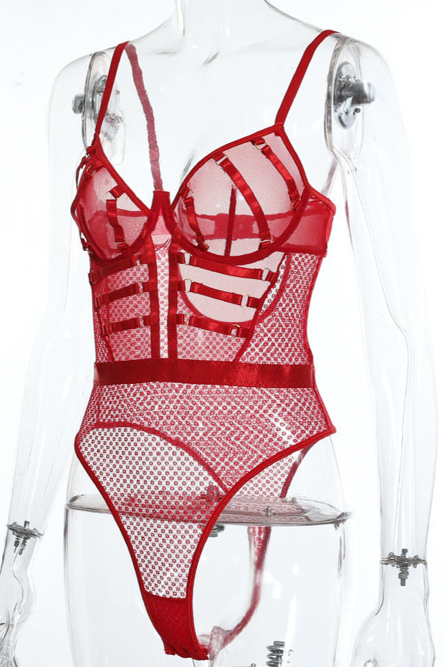 Red Mesh Wired Bandage Buckles Thong Sexy Bodysuit Lingerie