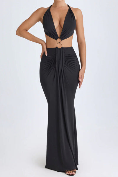 Black Halter O-Ring Cut-Out Backless Fit & Flare Maxi Party Dress