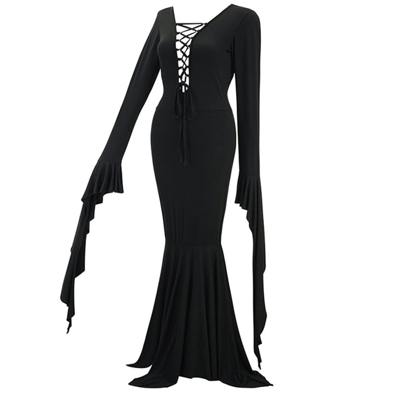 Black Long Sleeves Lace-Up V Neck Maxi Sexy Mortticia Costume