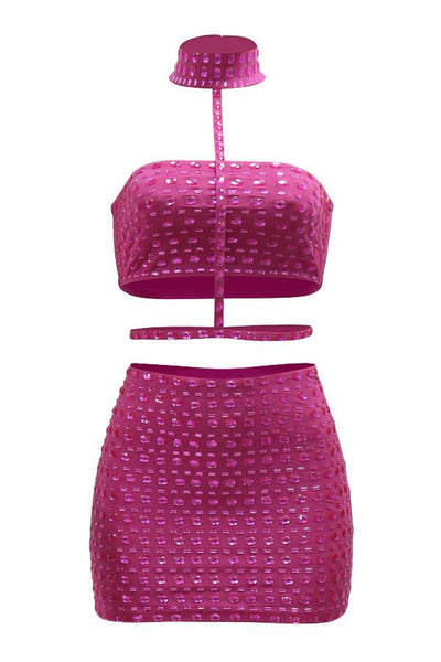 Hot Pink Big Rhinestone Gem Suede Metallic Sexy 3Pc Dress Outfit