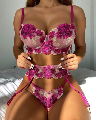 Yellow Fuchsia Floral Embroidered Mesh Underwire Sexy Lingerie 3 Pc Set