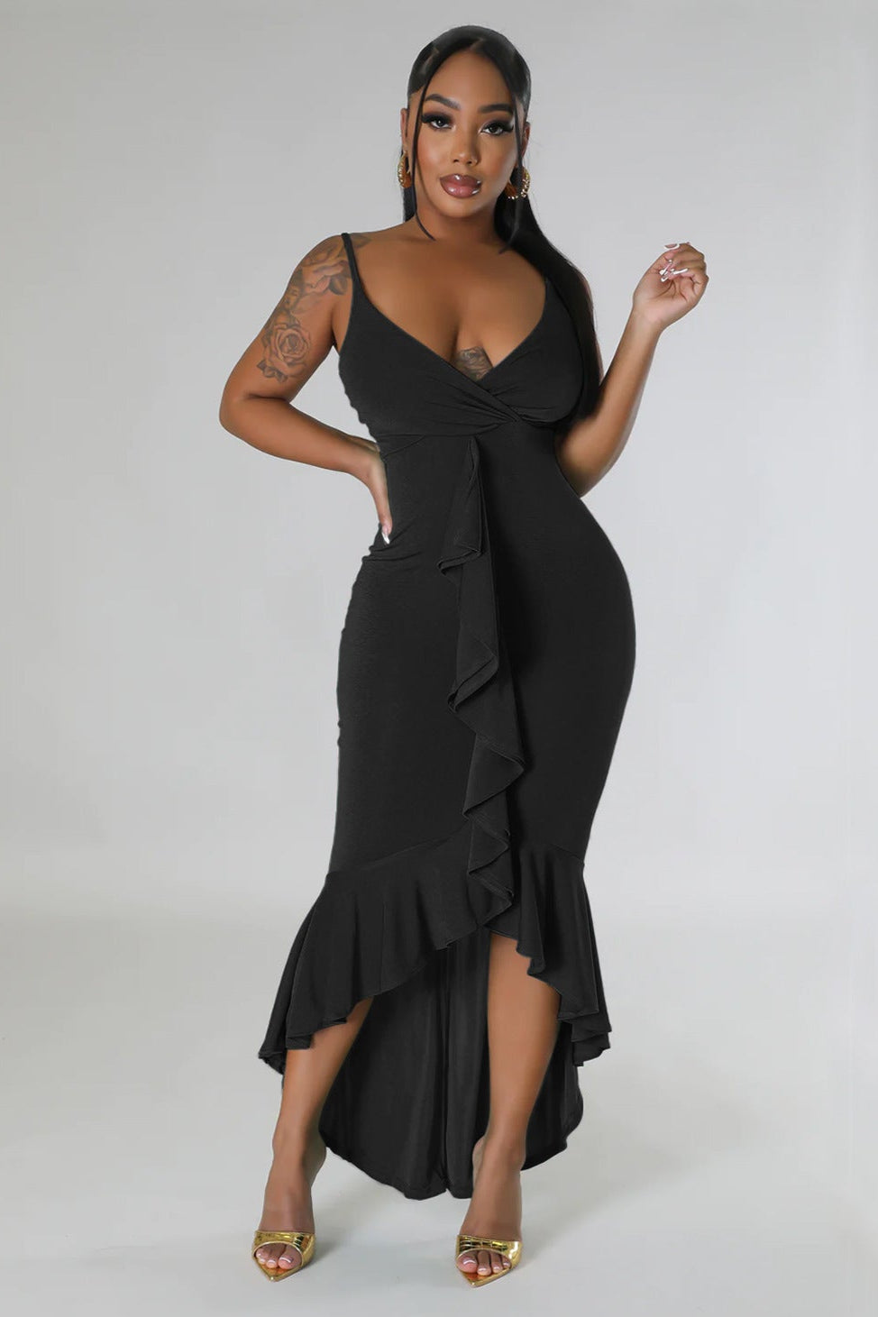 Black Ruffle Curve Hugging Sexy Maxi Party Dress