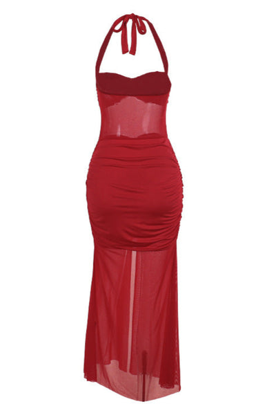 Red Ruched Mesh Waist Skirt High Slit Sexy Maxi Party Dress