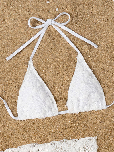 White 3D Rose Fabric Triangle Cheeky Cover-Up Sexy 3Pc Swimsuit Set
