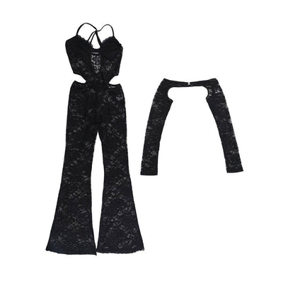 Black Lace Push-Up Cut-Out Strappy Jumpsuit Long Sleeve Top Sexy 2Pc Outfit