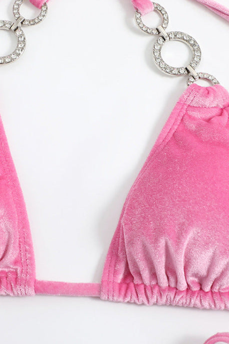 Pink Velvet Rhinestone Triangle Cheeky Sexy 2Pc Swimsuit Set Bikini