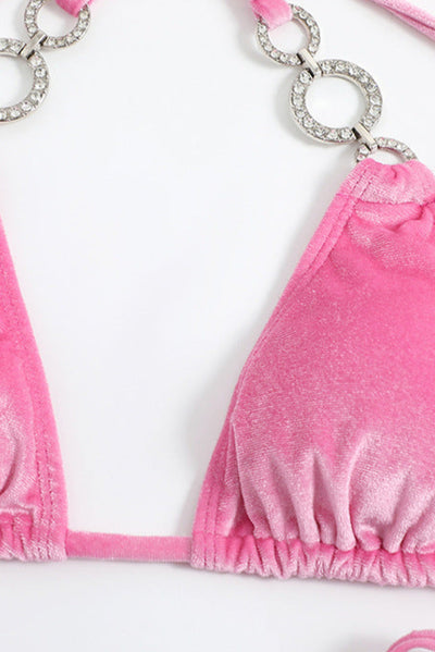 Pink Velvet Rhinestone Triangle Cheeky Sexy 2Pc Swimsuit Set Bikini