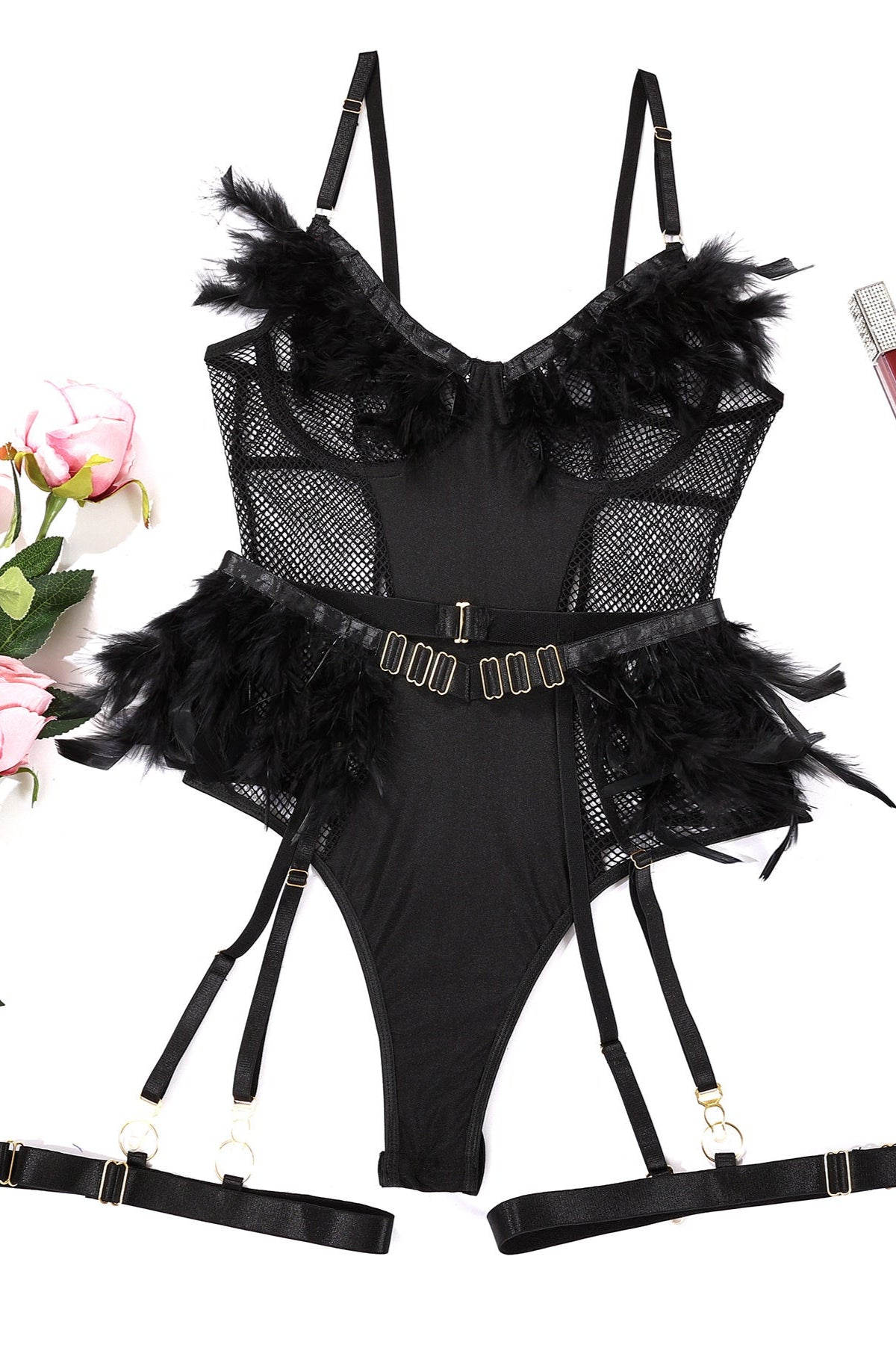 Black Netted Mesh Feather Bodysuit Garter Belt Sexy 4Pc Lingerie Set