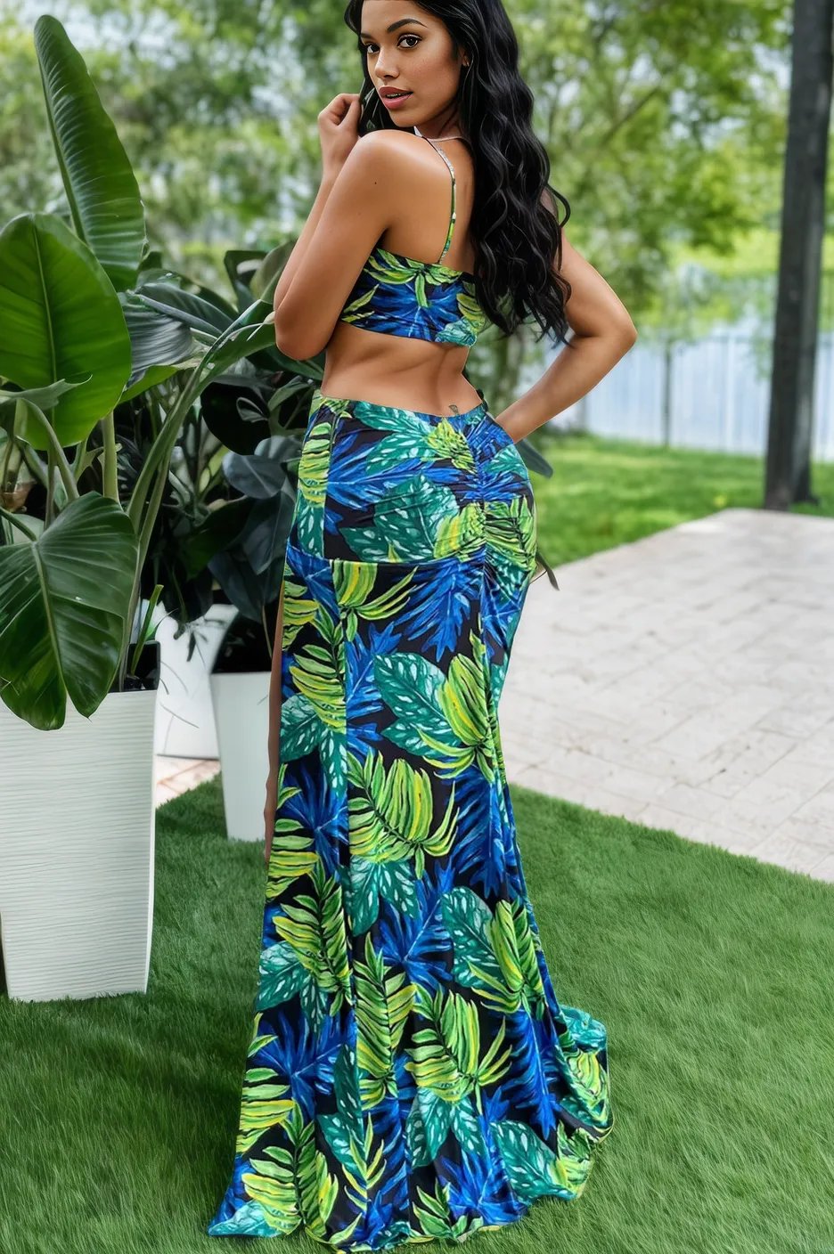 Green Tropical Flower One Shoulder Cut-Out High Slit Ruched Butt Sexy Maxi Dress