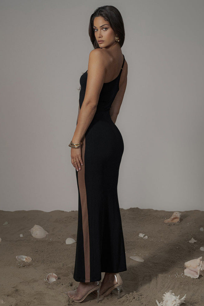 Black Nude Mesh One Shoulder Sexy Maxi Mermaid Party Dress