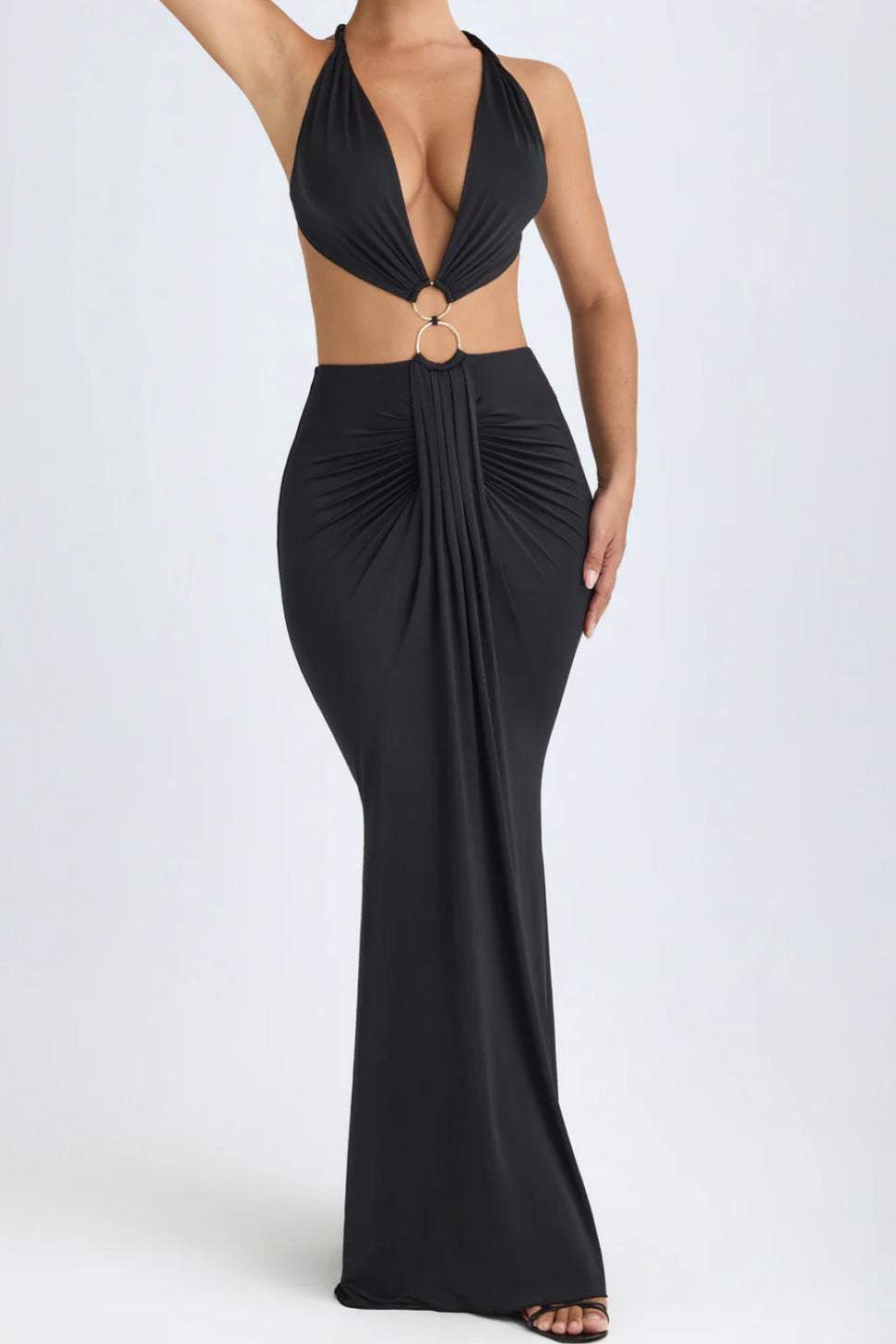 Black Halter O-Ring Cut-Out Backless Fit & Flare Maxi Party Dress