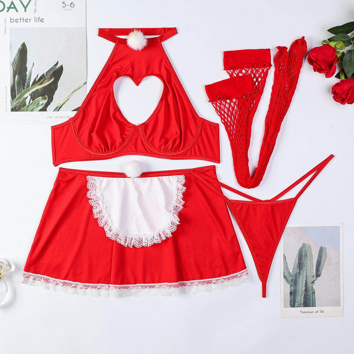 Red Cut-Out Heart Skirt Thong w/Stockings Sexy 4Pc Lingerie Set