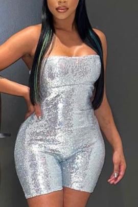 Silver Sequin Strapless Fitted Sexy Party Romper