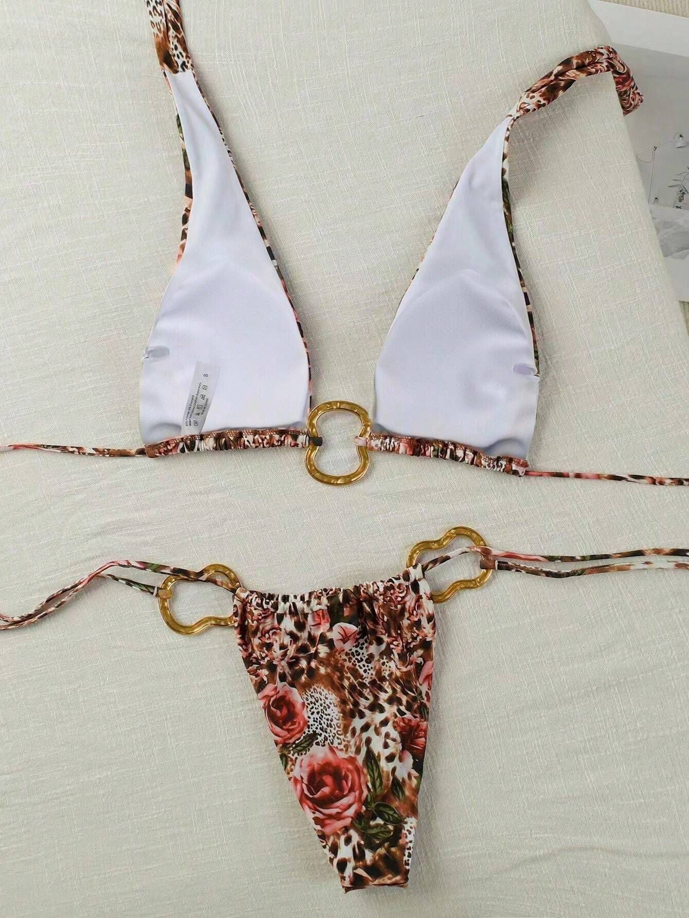 Leopard Rose Gold Decor Ruched Sexy 2Pc Swimsuit Set