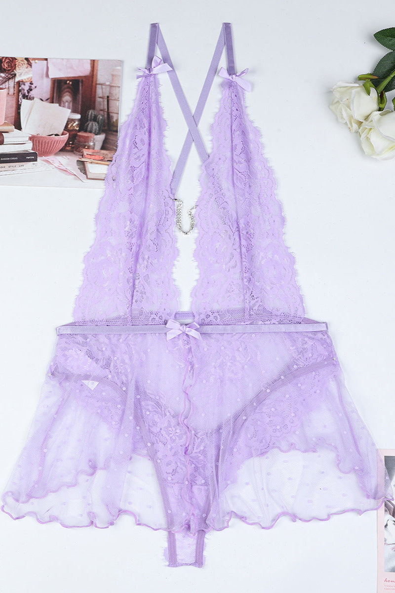 Lavender Lace Mesh Bow Rhinestone Plunging Skirted Thong Bodysuit Lingerie