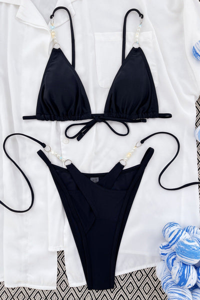Black Pearl Strappy Sexy 2Pc Swimsuit Set Bikini