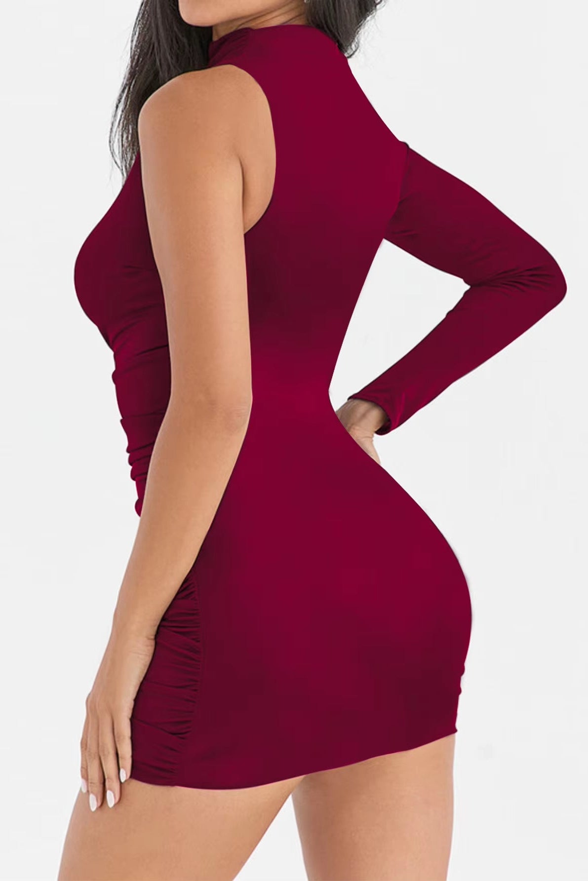 Wine One Sleeve Cut-Out Ruched Sexy Fitted Mini Party Dress