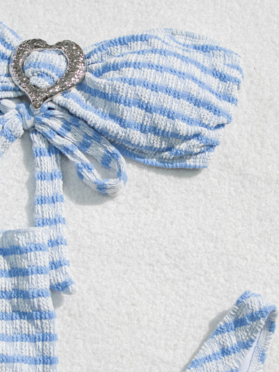 Blue White Stripe Textured Silver Heart Buckle Bandeau Cover-Up 3Pc Swimsuit Set