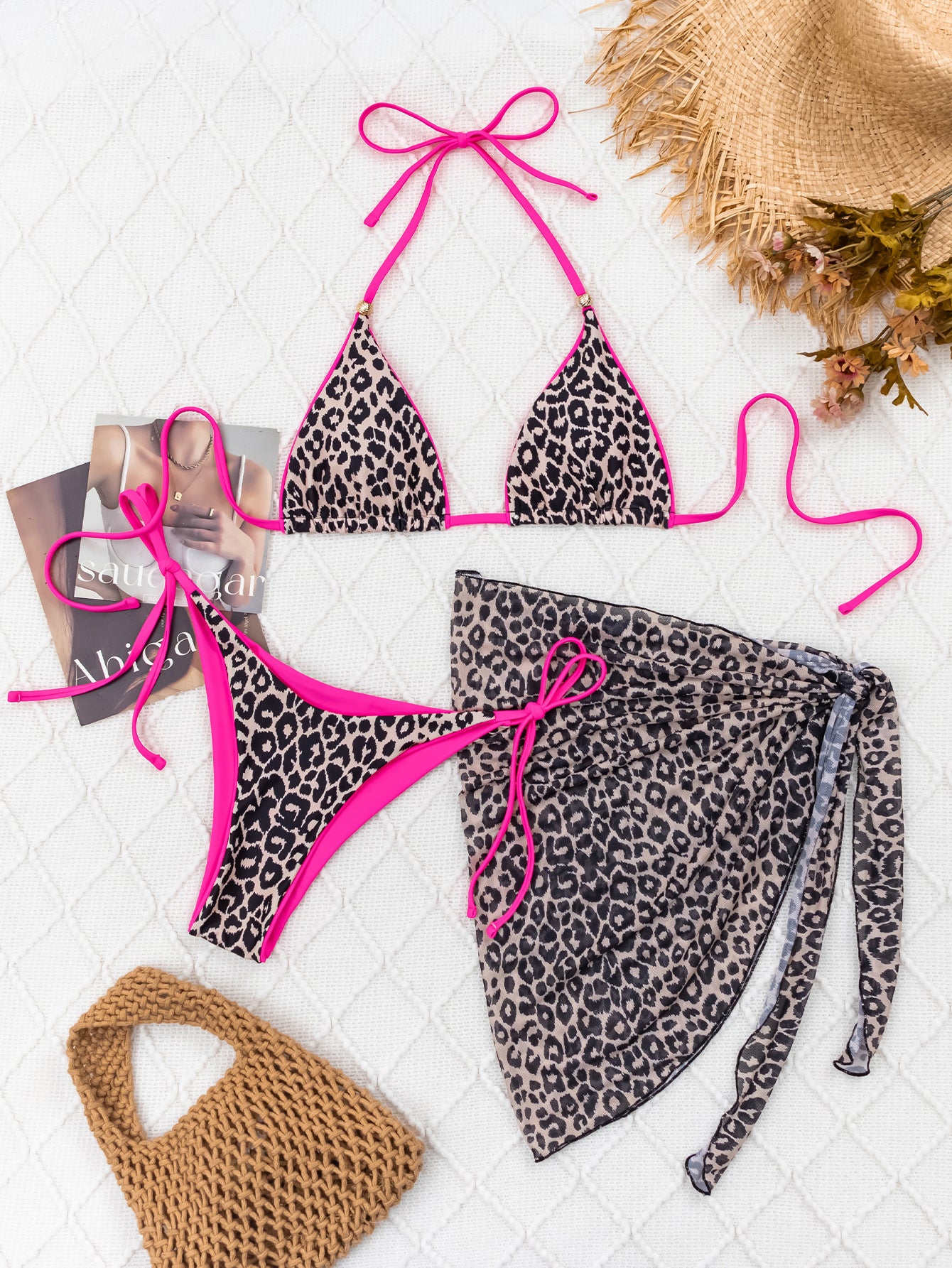 Leopard Print Pink Triangle Cheeky Mesh Cover-Up Sexy 3Pc Swimsuit Set