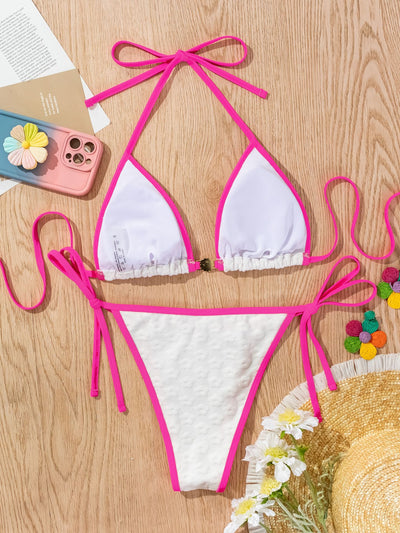 White Flower Texture Pink Piping Pearl buckle Triangle Cheeky 2Pc Swimsuit Set