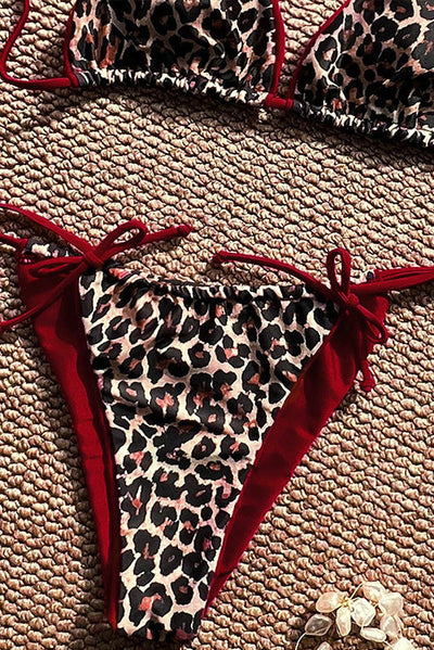 Leopard Print Red Reversible Bow Drawstring Sexy 2Pc Swimsuit Set Bikini