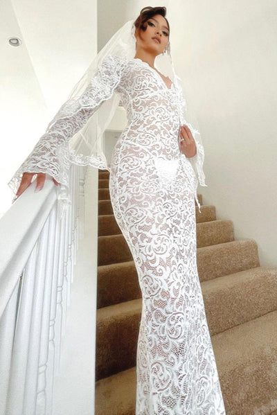 White Lace V-Neck Flare Sleeve Sexy Full Length Maxi Dress