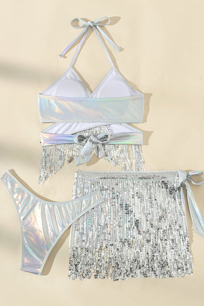 Silver Holographic Sequin Fringe Swim Cover-Up Sexy 3Pc Swimsuit