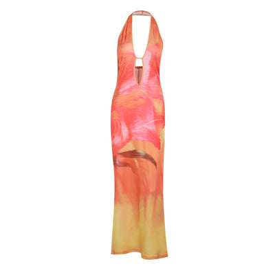 Orange Tie Dye Print Halter Plunging Sexy Maxi Mermaid Party Dress