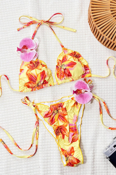 Yellow Floral Print Pink Tropical Flower Sexy 2Pc Swimsuit Set Bikini