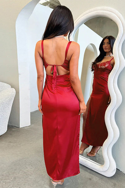 Red Stretchy Satin Lace Sexy High Slit Maxi Party Dress