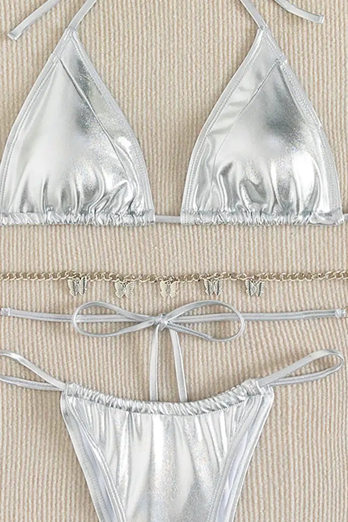 Silver Metallic Butterfly Chain Triangle Cheeky Sexy 3Pc Swimsuit Set