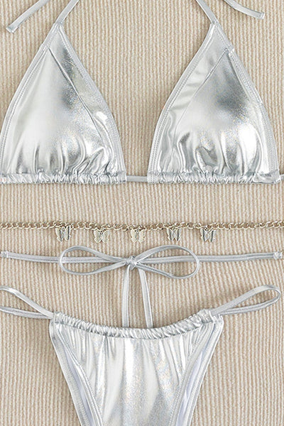 Silver Metallic Butterfly Chain Triangle Cheeky Sexy 3Pc Swimsuit Set