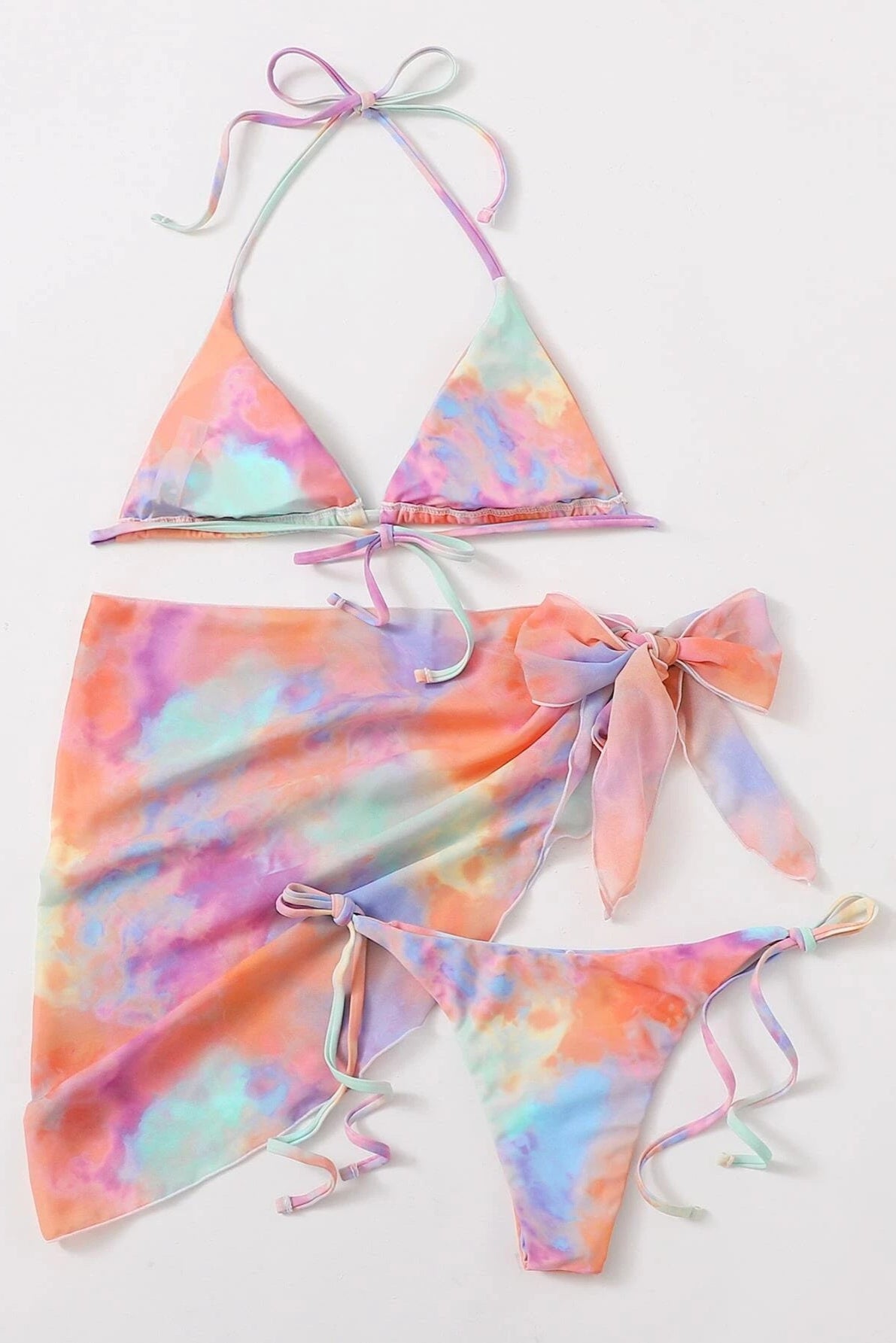 Pink Mint Tie Dye Triangle Cheeky Cover-Up Sexy 3Pc Swimsuit Set
