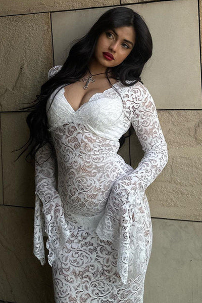 White Lace V-Neck Flare Sleeve Sexy Full Length Maxi Dress